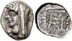 Greek coins Arcadia, Heraia. Hemidrachm circa 500-495, AR 2.99 g. Veiled head of Hera to l., wearing stephane and beaded necklace. Rev. ΕΡ all within a shallow incuse square. Weber 4279 (this coin). J