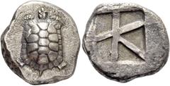 Greek coins Aegina, Aegina. Stater circa 380, AR 11.73 g. Tortoise seen from above. Rev. Skew pattern within incuse square. Millbank pl. 2, 14. SNG Lockett 1995 . Struck on a very broad flan and compl