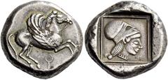 Greek coins Corinthia, Corinth. Stater circa 515-480, AR 8.64 g. Pegasus flying r.; below []. Rev. Head of Athena r., wearing Corinthian helmet; around, linear frame. All within partially incuse squar