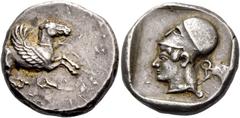 Greek coins Corinthia, Corinth. Stater circa 470, AR 8.62 g. Pegasus flying r.; below, [koppa]. Rev. Head of Athena l., wearing Corinthian helmet; in r. field, [koppa]. All within partially incuse squ