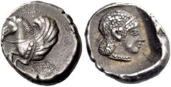 Greek coins Corinthia, Corinth. Hemidrachm circa 470, AR 1.45 g. Forepart of Pegasus l. Rev. Head of Aphrodite r., wearing thin diadem and pearl necklace. All within partially incuse square. McClean 6