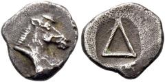 Greek coins Corinthia, Corinth. Diobol circa 450, AR 0.69 g. Head of Pegasus r. Rev. Large Δ, all within partially incuse square. Rosen 228. BCD Korinth 35 . Very rare. Old cabinet tone and about extr
