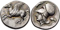 Greek coins Corinthia, Corinth. Stater circa 380-360, AR 8.48 g. Pegasus flying l.; below, [koppa]. Rev. Head of Athena l.; in l. field, dolphin and in r. field, cockerel. Ravel 841. Calciati 319 (thi