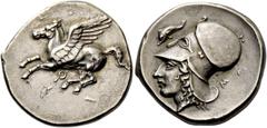 Greek coins Corinthia, Corinth. Stater circa 380-360 AR 8.88 g. Pegasus flying l.; below, [koppa]. Rev. Head of Athena l.; in l. field, dolphin and in r. field, Σ. Ravel 900. Calciati 343. BCD Korinth