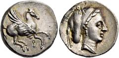Greek coins Corinthia, Corinth. Drachm circa 350, AR 2.32 g. Pegasus flying r.; below, [koppa]. Rev. Head of Aphrodite r.; wearing sakkos. Winterthur 2098. SNG Lockett 2193 (this coin). BCD Korinth 17
