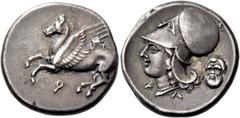 Greek coins Corinthia, Corinth. Stater circa 330, AR 8.55 g. Pegasus flying l.; below, [koppa]. Rev. Head of Athena l.; in r. field, mask of Silenus and below, A – Λ. Ravel 1046. Calciati 408/1 (these