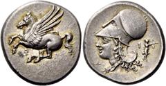 Greek coins Corinthia, Corinth. Stater circa 330, AR 8.55 g. Pegasus flying l.; below, [koppa]. Rev. Head of Athena l.; in field, Δ – I and in r. field, Artemis. Ravel 1078. Calciati 454. BCD Korinth 