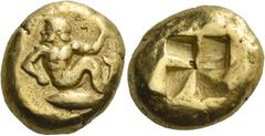 Greek coins Mysia, Cyzicus. Stater circa 500-450, EL 15.95 g. Triton swimming l., holding wreath in l. hand; below, tunny. Rev. Quadripartite incuse square. von Fritze 126. SNG von Aulock 7305. Rosen 