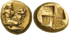 Greek coins Mysia, Cyzicus. Hecte circa 450-430, EL 2.68 g. Draped Zeus kneeling r., holding sceptre in r. hand and extending l. arm; above which, eagle flying r., below, tunny r. von Fritze –, cf. 14
