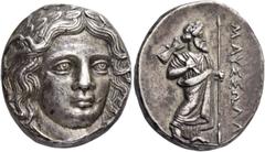 Greek coins Satraps of Caria, Maussolus, 377 – 353. Tetradrachm, Halicarnassus after 367, AR 15.11 g. Laureate head of Apollo facing three-quarters r. Rev. ΜΑΥΣΣΩΛΛ[Ο] Zeus Labraundus standing r., hol