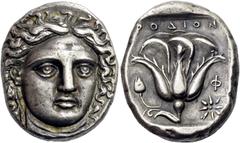 Greek coins Islands off Caria, Rhodes. Tetradrachm circa 380, AR 15.24 g. Facing head of Apollo, looking slightly to r., hair floating loosely at sides of face. Rev. POΔION Rose with stem and bud; in 