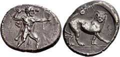 Greek coins Melakiathon, 392 – 361. Siglos circa 392 – 361, AR 10.35 g. Heracles advancing r., wearing lion’s skin and holding in r. hand club and bow in l. Rev. Lion advancing r., with head facing. T