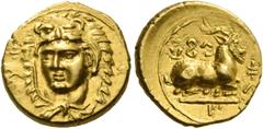 Greek coins Evagoras I, 411 – 373. 1/4 stater, Salamis circa 411-374, AV 2.01 g. u-va-ko-ro in Cypriot characters. Youthful head of Heracles wearing lion skin headdress, facing three-quarters l. Rev. 
