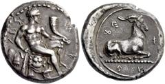 Greek coins Evagoras I, 411 – 373. Siglos circa 411-373, AR 11.10 g. e u va ko ro in Cypriot characters. Heracles seated r. on a rock covered with a lion’s skin, holding club in r. hand and horn in l.