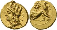 Greek coins Evagoras II, 361 – 351. Stater circa 361-351, AV 8.32 g. EYA; Turreted head of Aphrodite l. Rev. BA Lion standing l., devouring prey; eagle on its back; above, star. BMC p. cv, 1 and pl. X