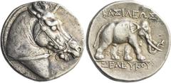 Greek coins The Seleucid kings of Syria, Seleucus I, 312-280. Tetradrachm, Pergamum 281, AR 17.05 g. Bridled horsehead r., with horns. Rev. ΒΑΣΙΛΕΩΣ ΣΕΛΕΥΚΟΥ Elephant walking r; below, monograms. SC 2