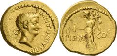 The Roman Republic Marcus Antonius. Aureus, mint moving with M. Antonius in 41 BC, AV 8.05 g. M ANTONIVS·IM[P III R·]P·C Bare head of Marcus Antonius r.; behind, lituus. Rev. PIETAS – COS Pietas stand