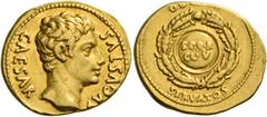 The Roman Empire Octavian as Augustus, 27 BC – 14 AD. Aureus, Colonia Patricia 19, AV 7.79 g. CAESAR – AVGVSTVS Bare head r. Rev. OB CIVIS / SERVATOS Shield, inscribed S P Q R / CL V, within oak wreat