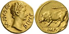 The Roman Empire Octavian as Augustus, 27 BC – 14 AD. Aureus, Lugdunum 15-13, AV 7.76 g. AVGVSTVS – DIVI F Bare head r. Rev. Bull butting l.; in exergue, IMP X. C 140. Bahrfeldt 203. BMC 457. RIC 168.