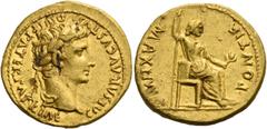 The Roman Empire Octavian as Augustus, 27 BC – 14 AD. Aureus, Lugdunum 13-14, AV 7.91 g. CAESAR AVG DIVI F PATER PATRIAE Laureate head r. Rev. PONTIF – MAXIM Pax-Livia figure seated r., holding vertic