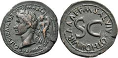 The Roman Empire Octavian as Augustus, 27 BC – 14 AD. M. Salvius Otho. Dupondius (?) 7, Æ 15.93 g. CAESAR AVGVST PONT MAX TRI – BVNIC POT Laureate head l., crowned by Victory standing behind and holdi