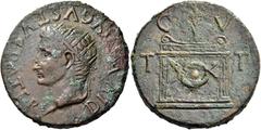 The Roman Empire Octavian as Augustus, 27 BC – 14 AD. Divus Augustus. Bronze Tarraco after 15, Æ 25.46 g. DIVVS AVGVSTVS PATER Radiate head l. Rev. Altar decorated with palm; above, C – V and at sides