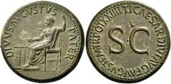 The Roman Empire Octavian as Augustus, 27 BC – 14 AD. Divus Augustus. Sestertius 22-23, Æ 27.35 g. DIVVS AVGVSTVS – PATER Augustus, radiate, seated l., feet on stool, holding laurel branch and long sc