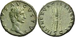 The Roman Empire Octavian as Augustus, 27 BC – 14 AD. Divus Augustus. As circa 98 AD, Æ 11.13 g. DIVVS AVGVSTVS Bare head r. Rev. IMP NERVA CAES AVG REST S – C Thunderbolt upright. C 567. BMC Nerva 16