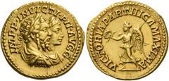 The Roman Empire Septimius Severus, 193 – 211. Aureus 202-210, AV 7.24 g. IMPP INVICTI PII AVGG Conjoined laureate, draped and cuirassed busts of S. Severus and Caracalla r. Rev. VICTORIA – PARTHICA M