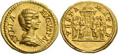 The Roman Empire Julia Domna, wife of Septimius Severus. Aureus 196-211, AV 7.15 g. IVLIA – AVGVSTA Draped bust r. Rev. VESTA – MATER Six Vestals sacrificing over altar, in front of temple of Vesta. C