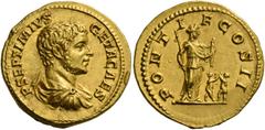 The Roman Empire Geta caesar, 198 – 209. Aureus 209, AV 7.34 g. P SEPTIMIVS – GETA CAES Bare headed, draped and cuirassed bust r. Rev. PONT – I – F COS II Female figure standing to front, head r., hol