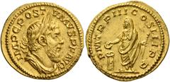 The Roman Empire Postumus, 260 – 269. Aureus, Lugdunum 261, AV 6.40 g. IMP C POST – VMVS P F AVG Laureate, draped and cuirassed bust r. Rev. P M TR P III COS III P P Postumus, veiled and togate, stand