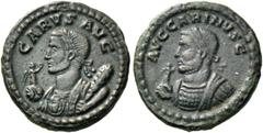 The Roman Empire Carus, 282 – 283. Quinarius, Ticinum 283, billon 1.80 g. CARVS AVG Laureate and cuirassed bust of Carus l., wearing consular robes and holding Victory on globe and club. Rev. AV C CAR