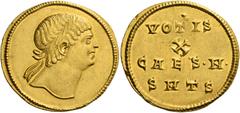 The Roman Empire Constantine II caesar, 316 – 337. Medallion of 2 Solidi, Thessalonica 327, AV 8.84 g. Diademed head of Constantine II r., looking upward. Rev. VOTIS / X / CAES N / SMTS. C–. Gnecchi –