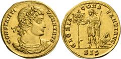 The Roman Empire Constantius II, 337 – 361. Solidus, Siscia 337-340, AV 4.39 g. CONSTANTI – VS MAX AVG Rosette diademed, draped and cuirassed bust l. Rev. GLORIA – CONS – TANTI AVG Emperor, diademed a