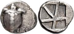 Greek coins Aegina, Aegina. Stater circa 480-457, AR 12.29 g. Sea turtle. Rev. Skew pattern within incuse square. Milbank pl. 1, 15. Dewing 1674. Old cabinet tone and very fine Ex Lanz sale 102, 2001,