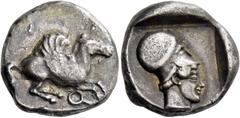 Greek coins Corinthia, Corinth. Stater circa 470, AR 8.53 g. Pegasus flying r. Rev. Head of Athena r., wearing Corinthian helmet; all within partially incuse square. De Nanteuil 940 (this coin). Ravel