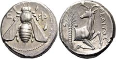 Greek coins Ionia, Ephesus. Tetradrachm, magistrate Theaitos circa 360-350, AR 15.04 g. Bee seen from above. Rev. Forepart of a stag r., looking backwards; in r. field, ΘEAITOΣ and behind, palm tree. 