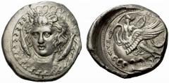 The Barry Feirstein Collection of Ancient Coins Part I Greek Coins Camarina No.: 10 Estimate: CHF 65000 d=24 mm Didrachm signed by Eyainetos before 405, AR 8.55 g. Bust of young river-god Hipparis, fa