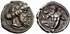 The Barry Feirstein Collection of Ancient Coins Part I Greek Coins Naxos No.: 16 Estimate: CHF 36000 d=19 mm Drachm circa 460, AR 4.30 g. Bearded head of Dionysus r., wearing ivy-wreath, hair tied up 