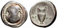 The Barry Feirstein Collection of Ancient Coins Part I Greek Coins Thebes No.: 38 Estimate: CHF 500 d=23 mm Stater circa 379-338, AR 12.19 g. Boetian shield. Rev. AG - LA Amphora. BMC 111. SNG Copenha