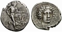 Greek Coins Segesta No.: 236 Estimate: CHF 250000 d=31 mm Tetradrachm circa 405-400, AR 17.36 g. EGES[TAIWN] Aigestes, the city’s founder, as hunter, standing r. with l. foot upon rock, r. hand restin