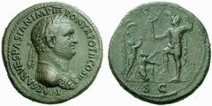Roman coins related to Judaea Titus Caesar, 69 – 79 No.: 327 Estimate: CHF 40000 d=35 mm Sestertius, Roma 72, æ 26.22 g. T CAESAR VESPIAN IMP III PON TR POT II COS II Laureate and cuirassed bust r., w