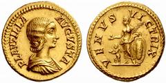 The Roman Empire The mint is Roma unless otherwise stated Plautilla, wife of Caracalla No.: 771 Estimate: CHF 60000 d=21 mm Aureus 202-205 (?), AV 7.28 g. PLAVTILLA – AVGVSTA Draped bust r. Rev. VENVS