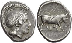 Greek Coins Neapolis Didrachm circa 420-400, AR 7.37 g. Head of Athena r., wearing Attic helmet decorated with wreath. Rev. [ΝΕ]ΟΠΟVΙTEZ Bull walking r. on a double exergue-line; below, scallop and E 