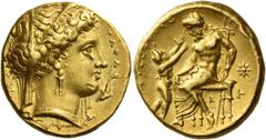 Greek Coins Calabria, Tarentum Stater circa 325-320, AV 8.56 g. TAPA Veiled and diademed head of Hera r., wearing earring and necklace; below chin, dolphin swimming downwards. Behind neck, E. Rev. TAP