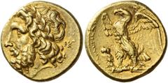 Greek Coins Calabria, Tarentum Stater after 272, AV 8.59 g. Laureate head of Zeus l.; behind, NK ligate. Rev. TARANTINΩN Eagle standing l. on thunderbolt, with spread wings; at its feet, owl. In upper