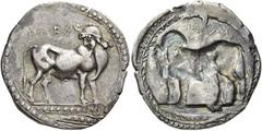 Greek Coins Laus Nomos circa 510-500, AR 7.96 g. ΛAFΣ Man-headed bull (the river god Laos) r., head reverted. Exergual line of raised dots between two lines. Rev. NOM retrograde Same type l. incuse. I