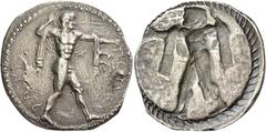 Greek Coins Poseidonia Nomos circa 500, AR 7.21 g. ΠOMEI – DANS Poseidon bearded, diademed and naked but for chlamys over shoulders, advancing r., hurling trident in upraised r. hand. Rev. The same ty