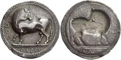 Greek Coins Siris and Pyxus Nomos circa 520, AR 8.15 g. MON retrograde Bull standing l., head reverted; in exergue, MIPI retrograde. Rev. OEM The same type incuse to r.; in exergue, ΠV+. Traité I, 208